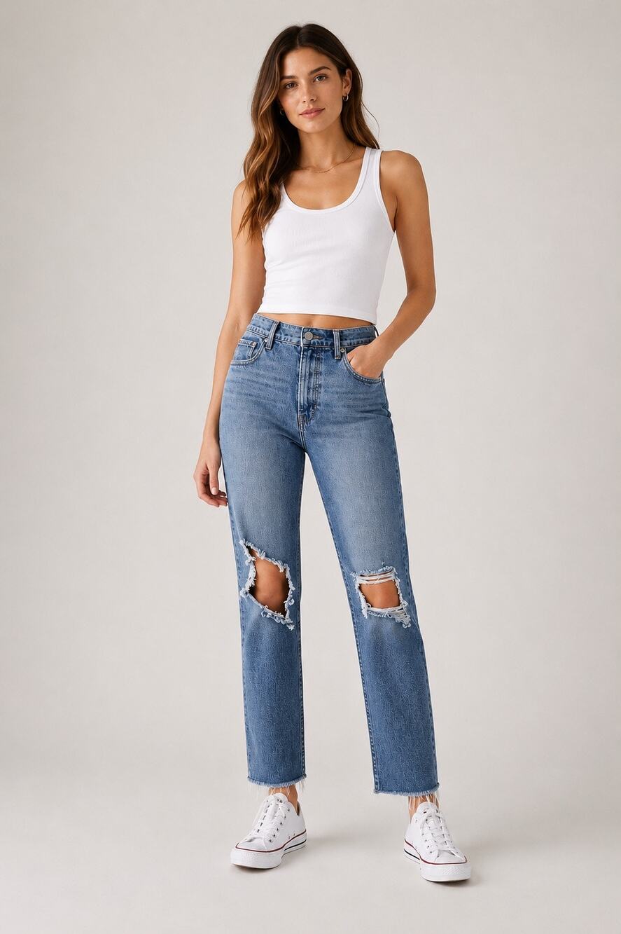 Levi’s 724 High Rise Straight Distressed Jeans Size 30 Light Wash Raw Hem